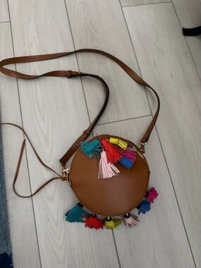 Rebecca Minkoff Sofia Brown Round Crossbody Bag with Multicolor Tassels